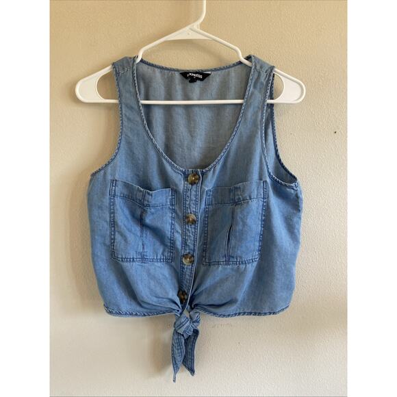 Express Factory Blue Chambray Tie Button Front Tank Casual Crop Top Womens Small - Picture 1 of 8